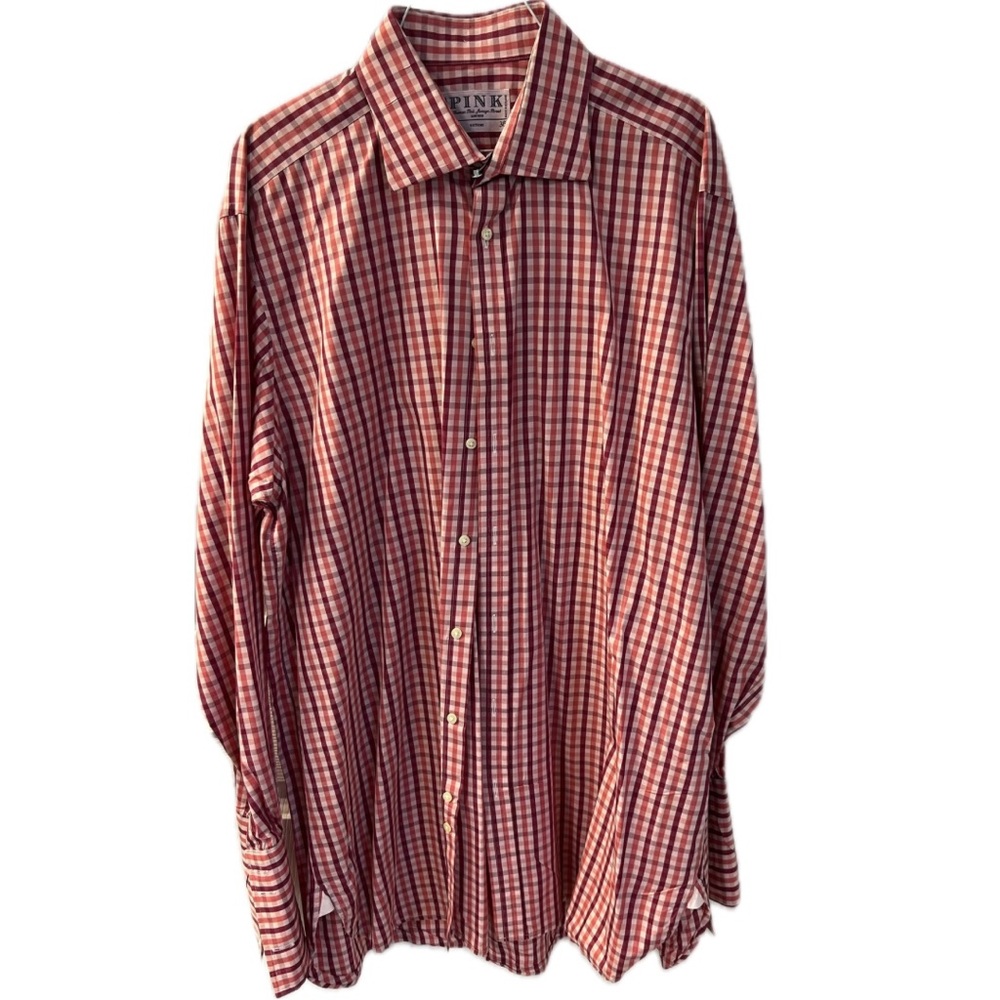 Thomas Pink pink plaid dress shirt with French cuffs, size 17/36.